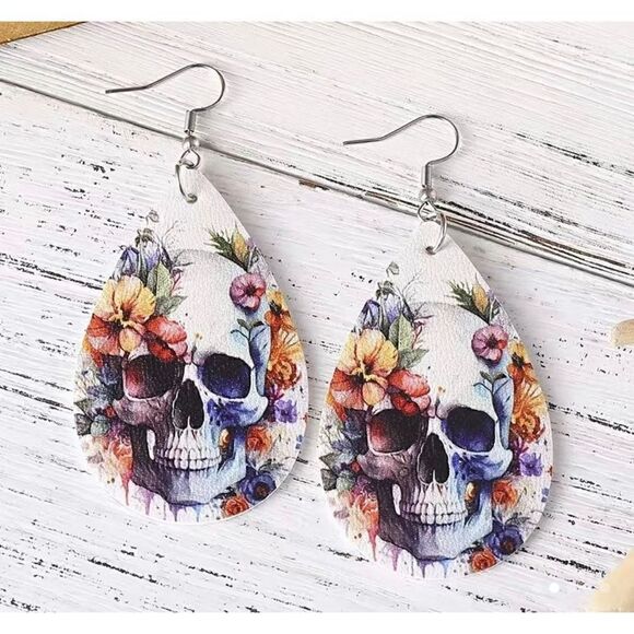 NWT Sugar Skull White Leather Colorful Flower Teardrop Dangle Earrings - Picture 2 of 5